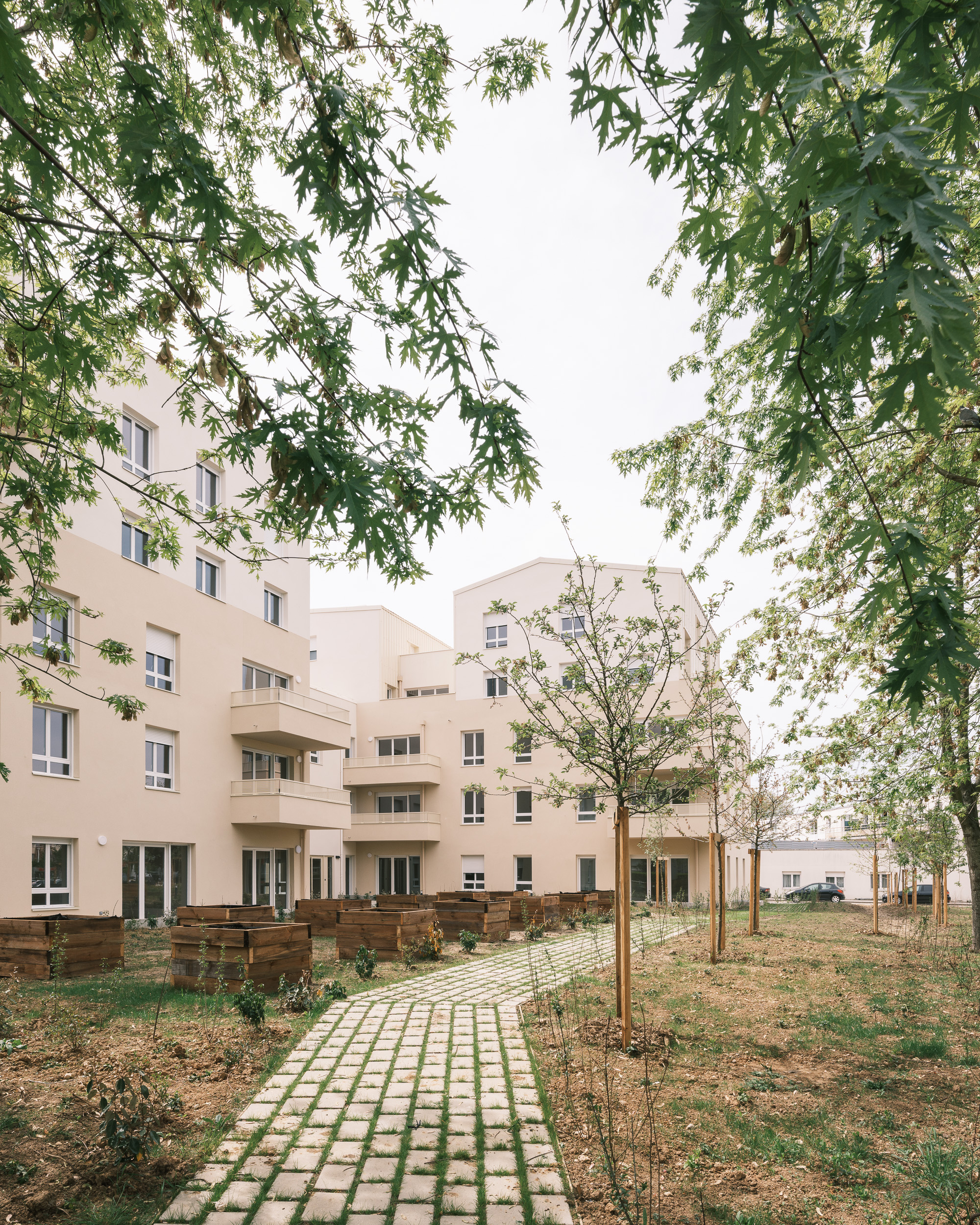 Cœur d'îlot paysager d'une résidence de logements collectifs sociaux aux Clayes-sous-Bois, avec cheminement piéton, arbres, jardinières et bâtiments contemporains.